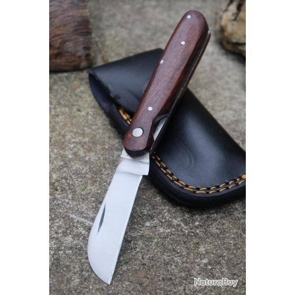Couteau de Grand P�re London Lame Acier Inox Manche Bois Fabric Artisanale Linerlock Etui CUir01