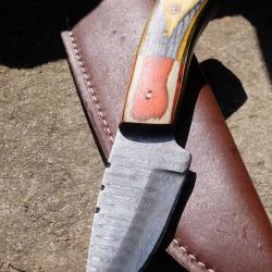 Couteau Skinner Lame Acier Damas 256 Couches Manche 2 Bois Etui Simili Cuir Fab Artisanale