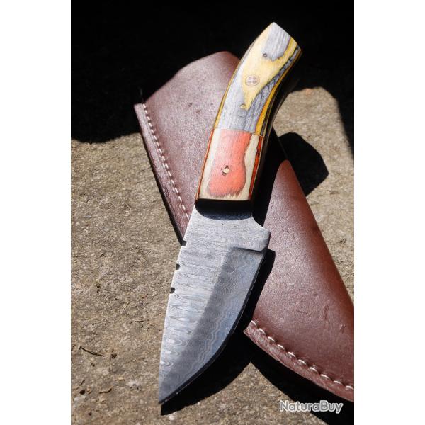 Couteau Skinner Lame Acier Damas 256 Couches Manche 2 Bois Etui Simili Cuir Fab Artisanale