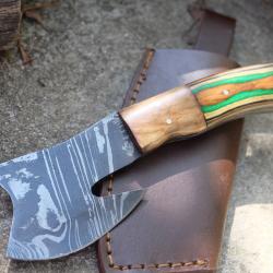 Couteau d'Esquimau Inuit Ulu/Hachoir Lame Acier Damas 256 Couches Manche 2Bois Etui Cuir F Artisan A