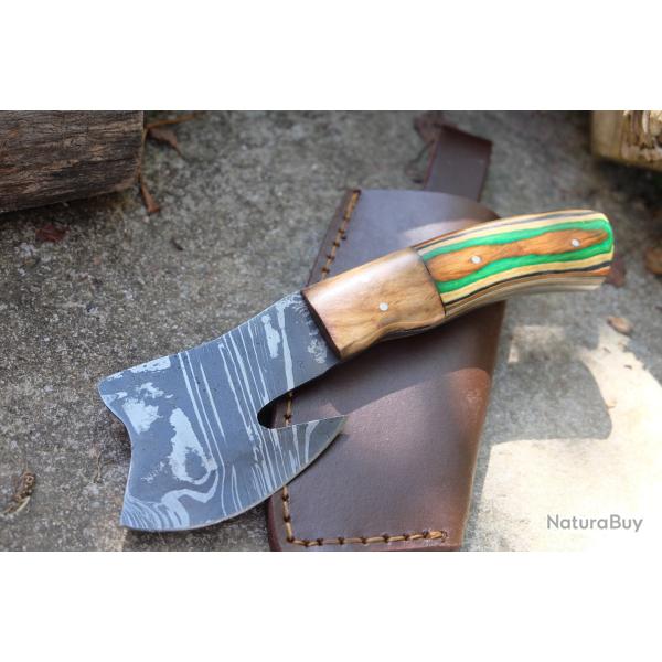 Couteau d'Esquimau Inuit Ulu/Hachoir Lame Acier Damas 256 Couches Manche 2Bois Etui Cuir F Artisan A