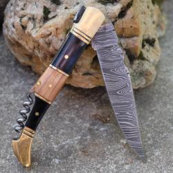 Couteau Damas Lame 128 Couches Fa&ccedil;on Laguiole Abeille Manche Bois/Corne Tire Bouchons Fab Artisanat