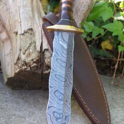 Couteau Dague De Chevalier Lame Acier Damas 256 Couches Manche Bois Garde Laiton Etui Cuir Artisan