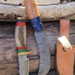 Lot de 2 Couteau Skinner+ Scimitar Lame Acier Damas 256 Couches Manche Bois/Corne Etui Cuir Artisan