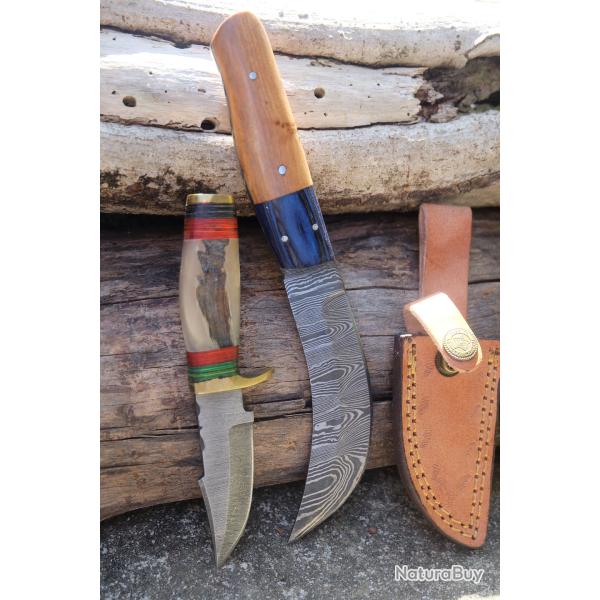Lot de 2 Couteau Skinner+ Scimitar Lame Acier Damas 256 Couches Manche Bois/Corne Etui Cuir Artisan