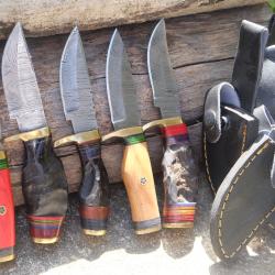LOT DE 5 Couteau Skinner Damas Lame 256 Couches Manche Bois /Corne B&eacute;lier Fabric Artisan Etui Cuir