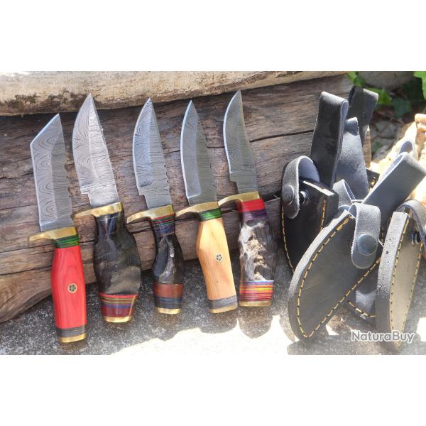 LOT DE 5 Couteau Skinner Damas Lame 256 Couches Manche Bois /Corne B�lier Fabric Artisan Etui Cuir