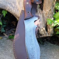 Beau Bowie Couteau de Chasse Kukkri Damas Lame 256 Couches Manche Bois Fabric Artisanale Etui Cuir