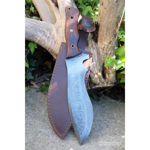 Beau Bowie Couteau de Chasse Kukkri Damas Lame 256 Couches Manche Bois Fabric Artisanale Etui Cuir
