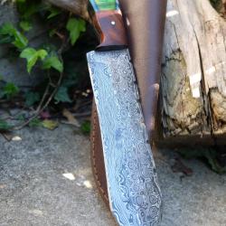 Couteau Tanto Californien Damas Lame Acier 256 Couches Manche Bois Etui Cuir Fabrication Artisanale