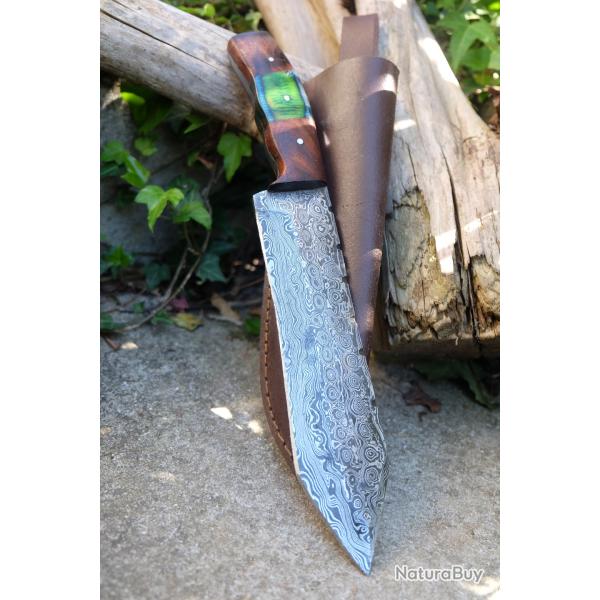 Couteau Tanto Californien Damas Lame Acier 256 Couches Manche Bois Etui Cuir Fabrication Artisanale