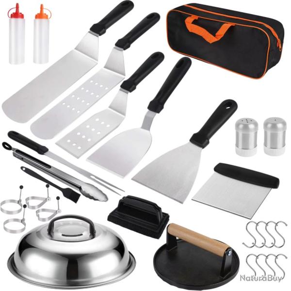 Kit Barbecue 29 pi�ces complet ustensiles BBQ plancha presse burger cloche inox set grill