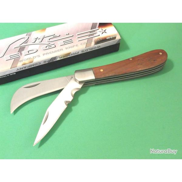 Couteau Serpette Electricien Hawkbill Manche Bois 2 Lames Acier Carbone/Inox