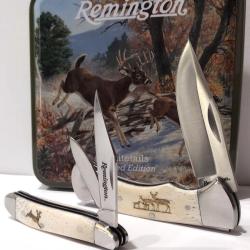 Set de Couteaux Pliants Remington White Tails Lames Acier Inoxydable Manches Os Blanc Boite M&eacute;tal