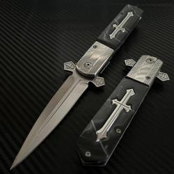 Couteau ElitEdge Gothique Croix Celtique Lame Acier 440C Manche Marbre Synthetique Linerlock