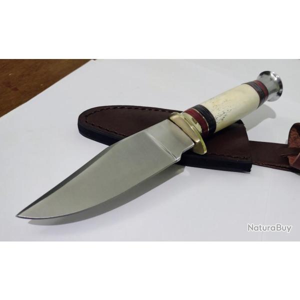 Couteau Skinner Rite Edge Silver Stream Hunter Lame Acier Inoxydable Manche Os/Bois Etui CUir