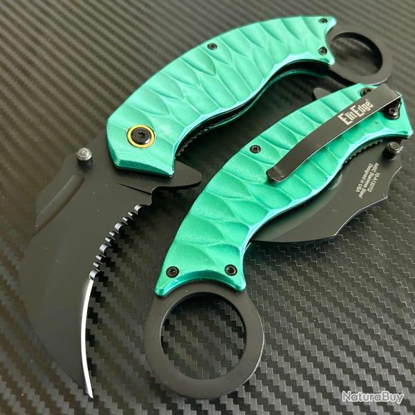 Couteau Karambit Semi Automatic Lame Karambit Claw Acier 440C Black Serr Manche Turquoise Aluminium