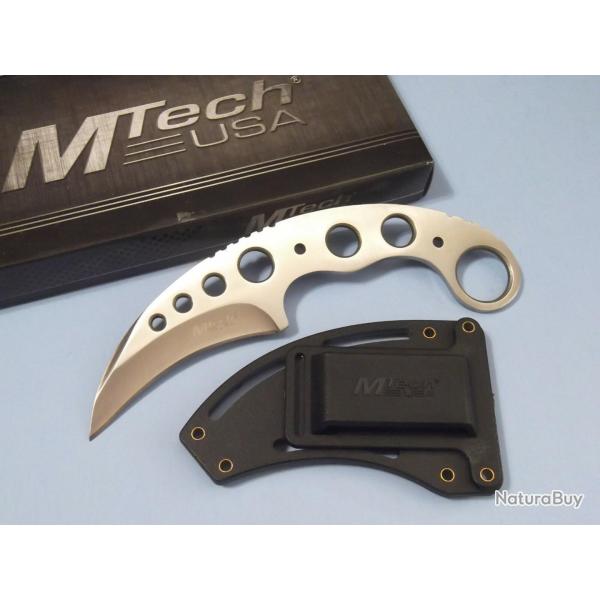 Couteau MTech Karambit Neck Knife Lame Hawkbill Acier 440 Manche Acier Silver Etui Nylon Rigide