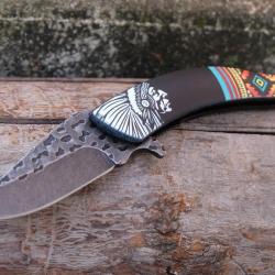 Couteau Semi Automatique Indien Native Spirit Chef Lame Acier Inox Manche Synth&eacute;tique avec perles