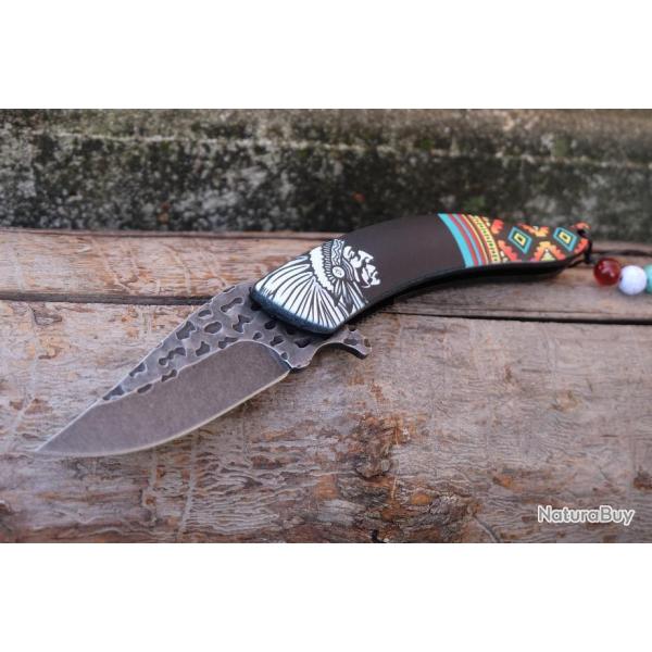 Couteau Semi Automatique Indien Native Spirit Chef Lame Acier Inox Manche Synth�tique avec perles
