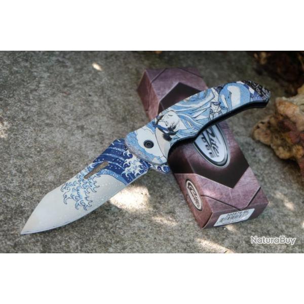 Couteau Tatouage YakuZa Semi Automatique Lame D�cor Vague Acier Inox Manche ABS Linerlock Clip 001