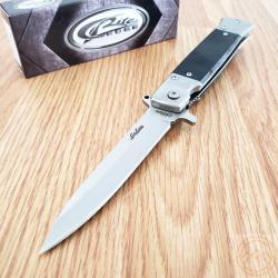 Couteau Semi Automatique Stiletto Lame Acier 3Cr13 Satin Manche Black G10 Linerlock Clip 001