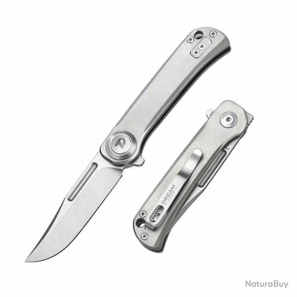 Couteau Compact Dreamtech Lame Acier D2 Satin Manche Titane Gris Button Lock DTK4055TG