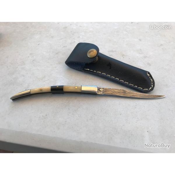 Magnifique petit couteau Damas os et corne
