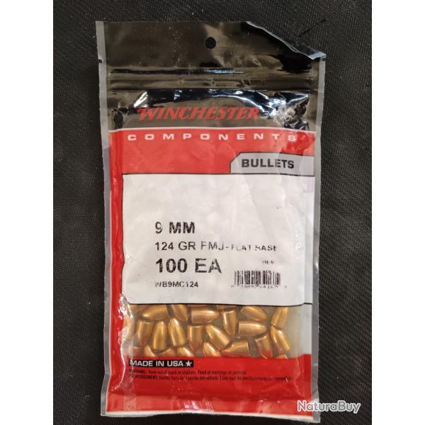 BALLES WINCHESTER CAL 9MM 124GR /100