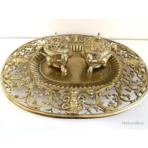 Double Encriers sur Plateau Bronze Dor� Cisel� Style Louis XV Epoque Napol�on III