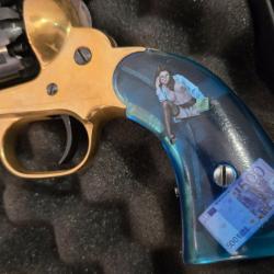 Tr&egrave;s belles plaquettes de crosse pour Remington 1858 pietta resine bleu saphir avec pin up et billet