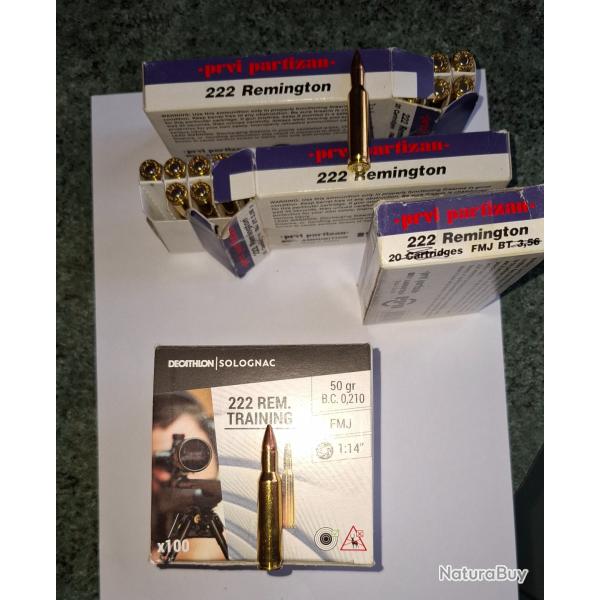100 MUNITIONS 222 REM REMINGTON R PRVI SOLOGNAC balle cartouche