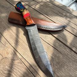 Poignard Bowie manche bois &eacute;tui en cuir lame en acier Damas 256 couches