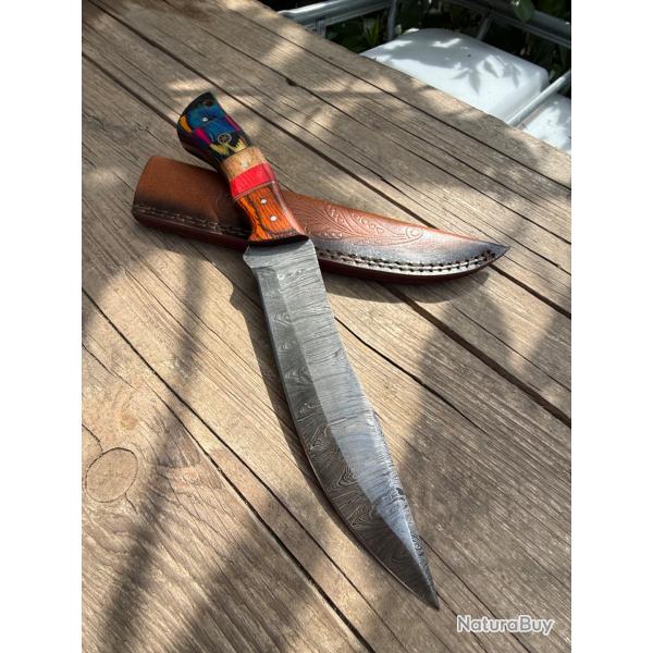 Poignard Bowie manche bois �tui en cuir lame en acier Damas 256 couches