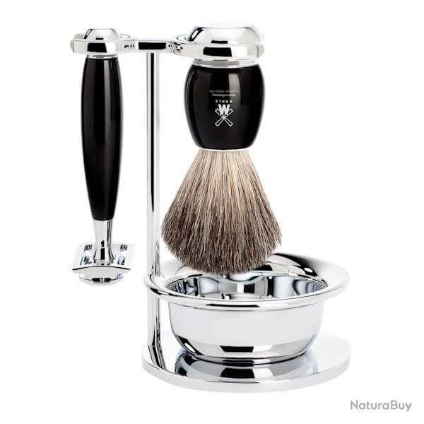Set de rasage 4 pi�ces Muhle Vivo s�curit�-pur noir-manche r�sine noir