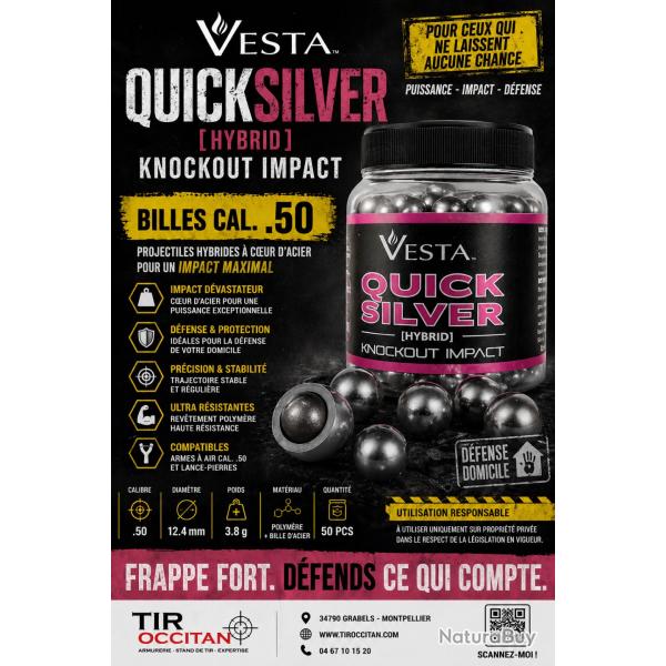 Billes VESTA Quicksilver Calibre .50 Hybrid - Pot de 50 Projectiles