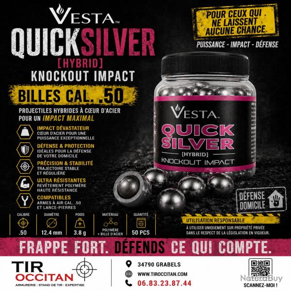 Billes VESTA Quicksilver Calibre .50 Hybrid - Pot de 50 Projectiles