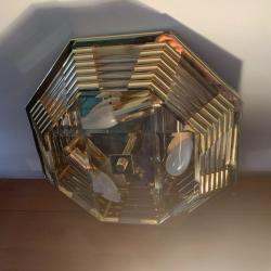 Plafonnier Moderniste Octogonal Verre Et Laiton - abat-jour en verre biseaut&eacute; - Ann&eacute;es 60- Italie