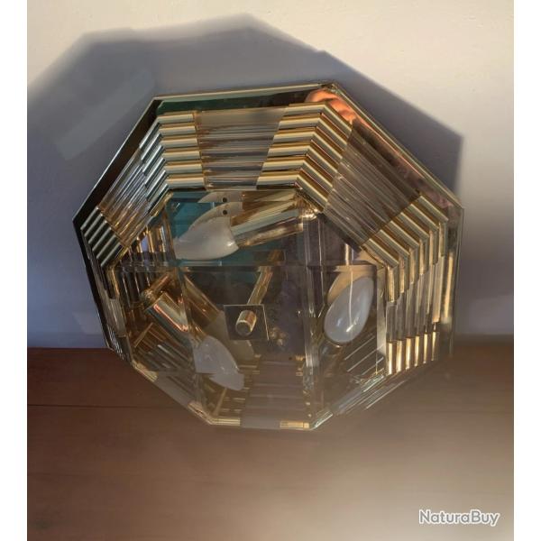 Plafonnier Moderniste Octogonal Verre Et Laiton - abat-jour en verre biseaut� - Ann�es 60- Italie
