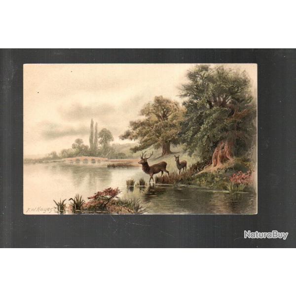 cerf au bord d'un �tang , cpa peinture animali�re germanique