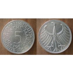 Allemagne 5 Deutche Mark 1951 Atelier F Karlsruhe Piece Argent