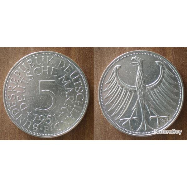 Allemagne 5 Deutche Mark 1951 Atelier F Karlsruhe Piece Argent