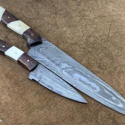 Magnifique lot de deux beaux couteaux de cuisine en acier de Damas