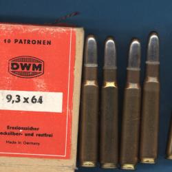 9,3 x 64 ... Anciennes munitions DWM...5 cartouches blind&eacute;es