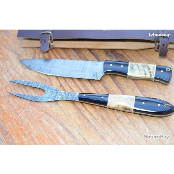 Damas forg� � la main couteau et fourchette BBQ ensemble de chef cuisinier