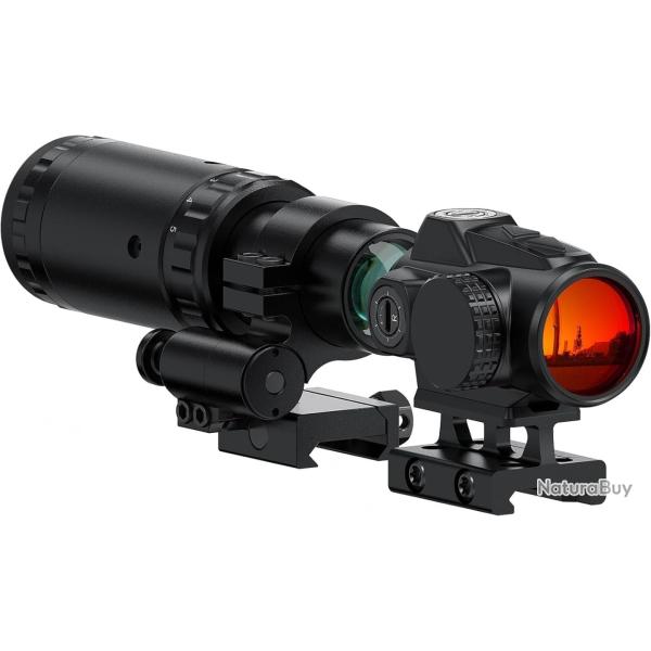 Viseur Point Rouge V90 Loupe 1.5x-5x M57 Red Dot 25mm 2 MOA  Montage Flip Co-Witness Rail Picatinny