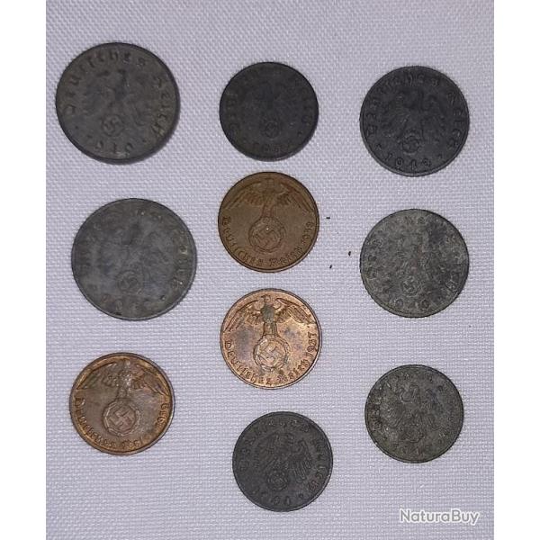 Lot de 10 pi�ces de monnaie Allemande 2GM WW2