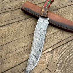 Poignard Bowie manche bois &eacute;tui en cuir lame en acier Damas 256 couches PM6