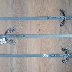 lot reproductions d'&eacute;p&eacute;es historiques (duque de alba, tizona, alfonso x) en m&eacute;tal, 46cm