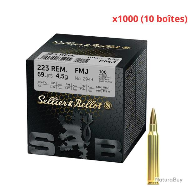 MUNITIONS SELLIER BELLOT CALIBRE 223 REM FMJ 69gr - 4.5g x1000 